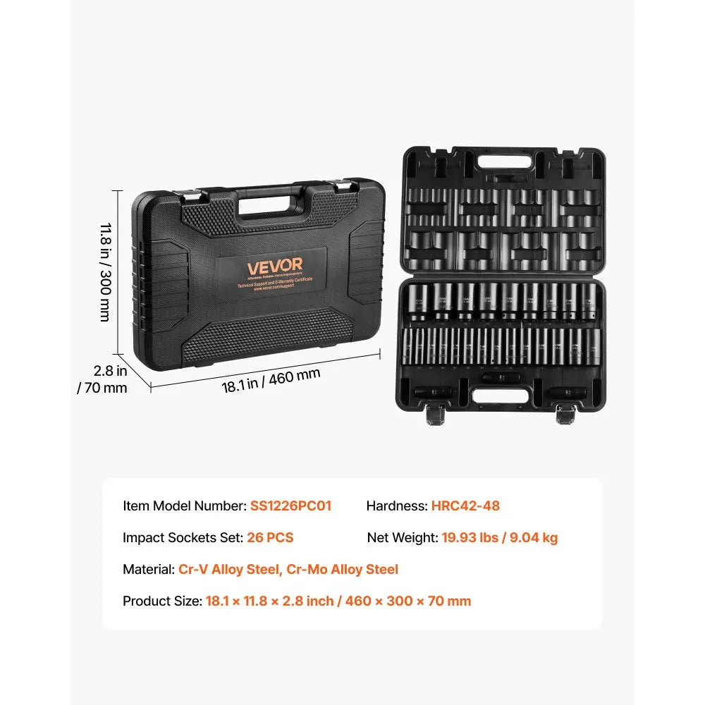 VEVOR Drive Impact Socket Set 1/2" - 26 Piece Deep Socket Set Metric 11-36 mm, 6 Point CR-V & Cr-Mo Alloy Steel for Auto Repair - Easy-to-Read Size Markings, Rugged Sockets Organizer, Storage Case