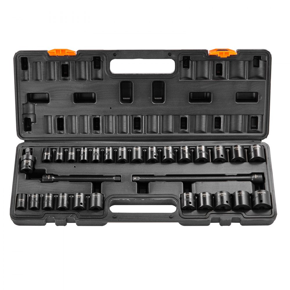 VEVOR 3/8" Drive Impact Socket Set, 29 Piece Shallow Socket Set SAE 3/8"-1" and Metric 8-22mm, 6 Point CR-V Alloy Steel for Auto Repair, Easy-to-Read Size Markings, Rugged Construction, Storage Case