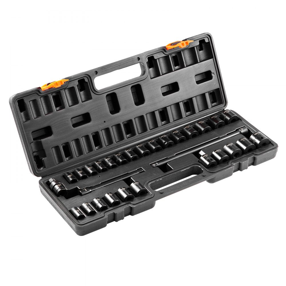 VEVOR 3/8" Drive Impact Socket Set, 29 Piece Shallow Socket Set SAE 3/8"-1" and Metric 8-22mm, 6 Point CR-V Alloy Steel for Auto Repair, Easy-to-Read Size Markings, Rugged Construction, Storage Case