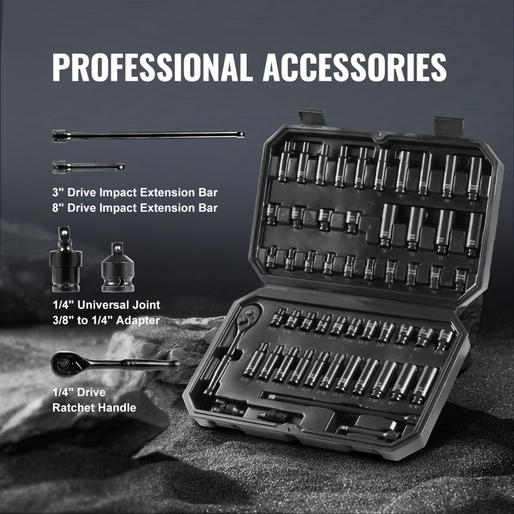 VEVOR Drive Impact Socket Set 1/4"  - 55 Piece Deep & Shallow Socket Set SAE 5/32"-9/16" and Metric 4-15mm - 6 Point CR-V Alloy Steel for Auto Repair - Easy-to-Read Size Markings - Storage Case
