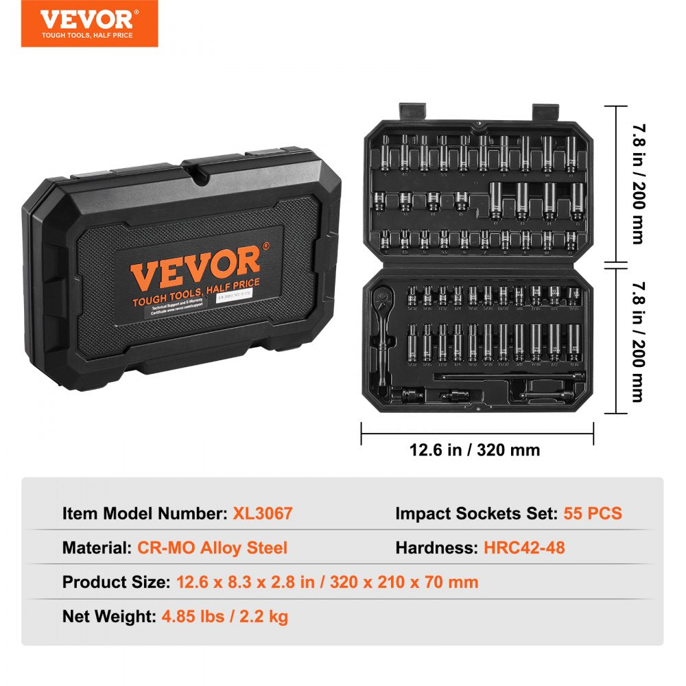 VEVOR Drive Impact Socket Set 1/4"  - 55 Piece Deep & Shallow Socket Set SAE 5/32"-9/16" and Metric 4-15mm - 6 Point CR-V Alloy Steel for Auto Repair - Easy-to-Read Size Markings - Storage Case