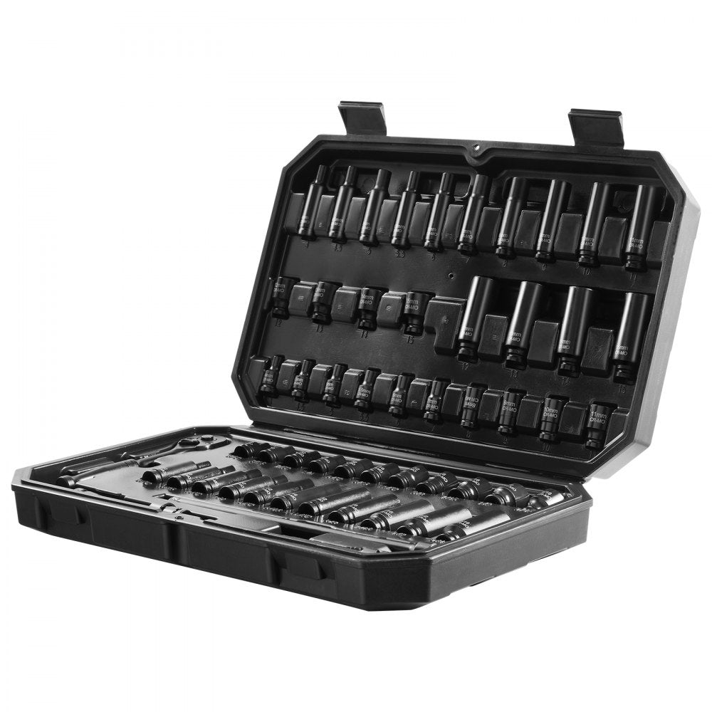 VEVOR Drive Impact Socket Set 1/4"  - 55 Piece Deep & Shallow Socket Set SAE 5/32"-9/16" and Metric 4-15mm - 6 Point CR-V Alloy Steel for Auto Repair - Easy-to-Read Size Markings - Storage Case