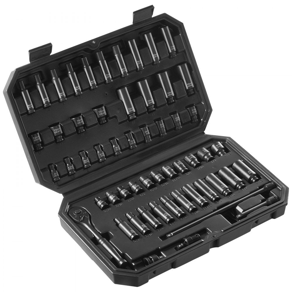 VEVOR Drive Impact Socket Set 1/4"  - 55 Piece Deep & Shallow Socket Set SAE 5/32"-9/16" and Metric 4-15mm - 6 Point CR-V Alloy Steel for Auto Repair - Easy-to-Read Size Markings - Storage Case