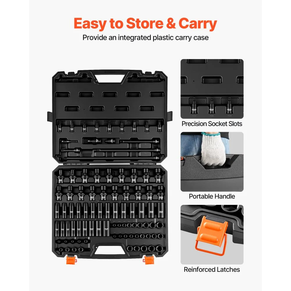 VEVOR Impact Socket Set, 3/8" Drive, 90-Piece Socket Set, 6 Point Sockets, SAE 1/4"-3/4" and Metric 6-19 mm, Easy to Identify, with Adapters, Sturdy Storage Case, Cr-Mo Alloy Steel for Vehicles Repair