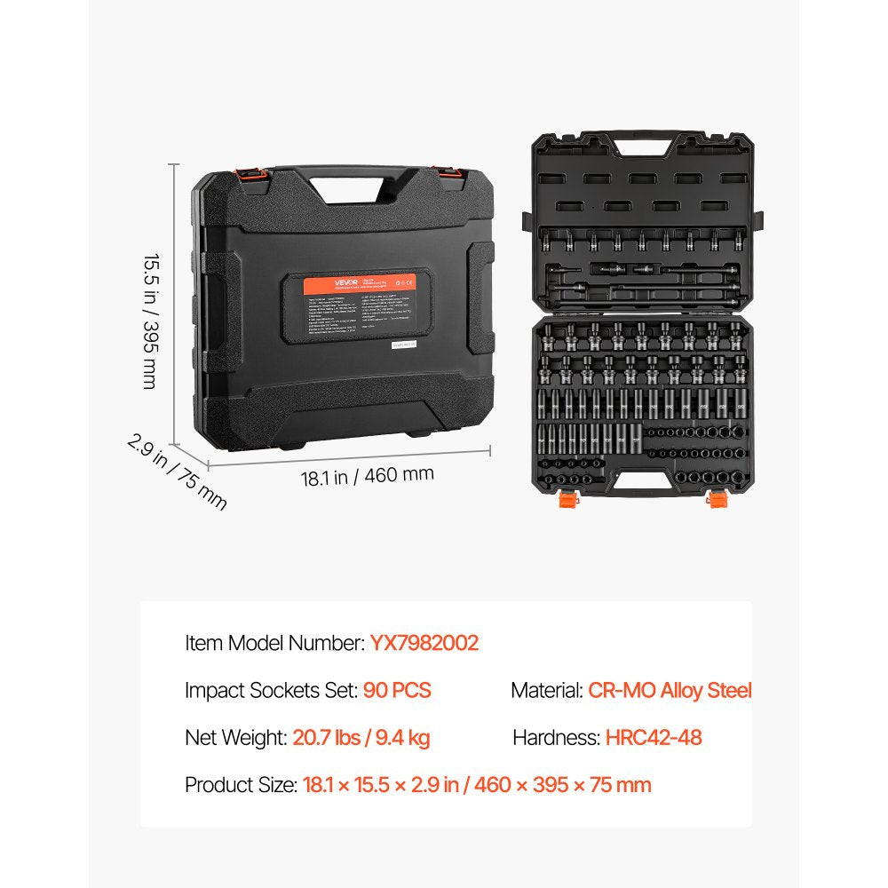 VEVOR Impact Socket Set, 3/8" Drive, 90-Piece Socket Set, 6 Point Sockets, SAE 1/4"-3/4" and Metric 6-19 mm, Easy to Identify, with Adapters, Sturdy Storage Case, Cr-Mo Alloy Steel for Vehicles Repair