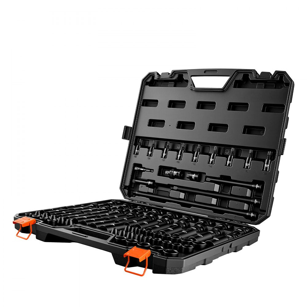 VEVOR Impact Socket Set, 3/8" Drive, 90-Piece Socket Set, 6 Point Sockets, SAE 1/4"-3/4" and Metric 6-19 mm, Easy to Identify, with Adapters, Sturdy Storage Case, Cr-Mo Alloy Steel for Vehicles Repair