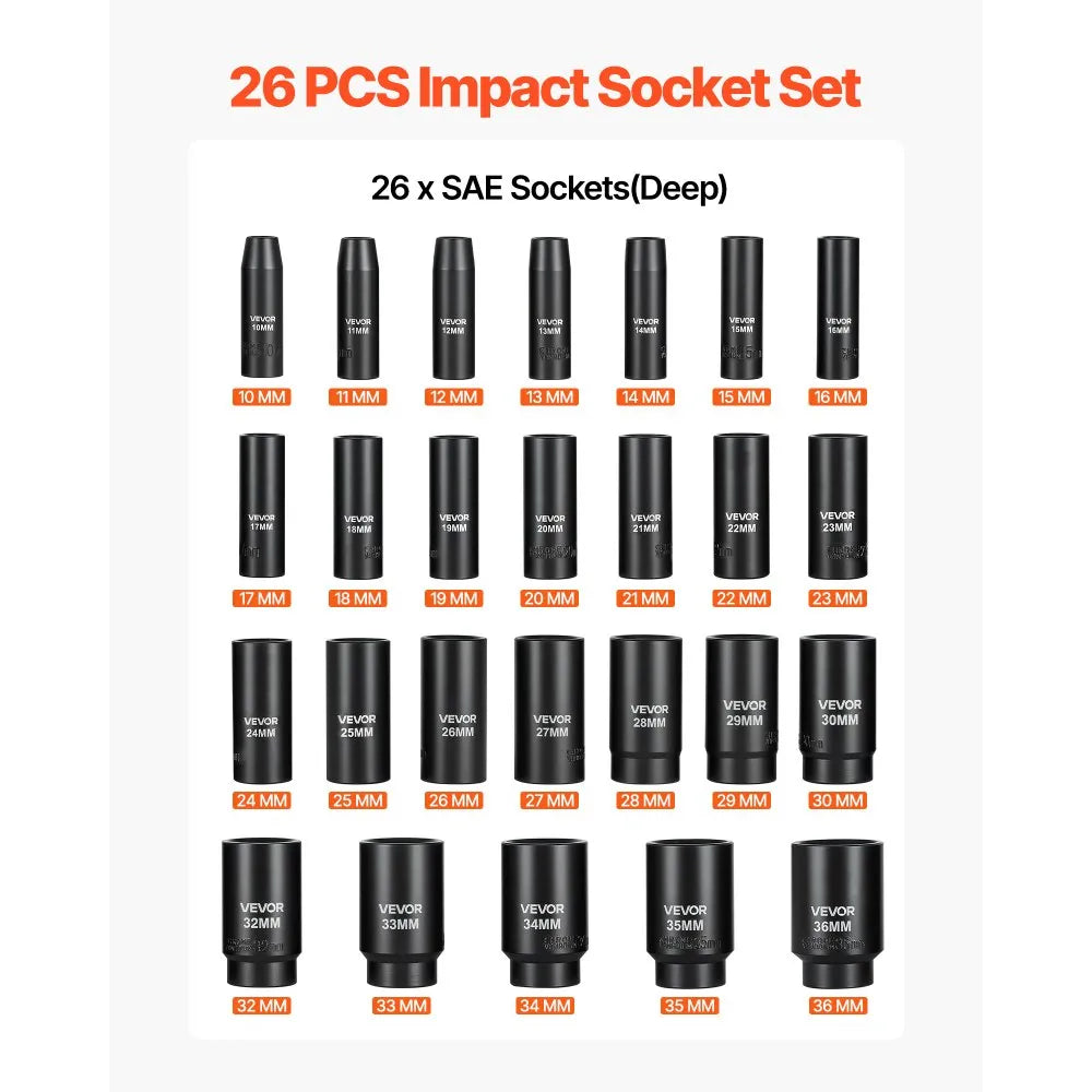VEVOR Impact Socket Set, 1/2" Drive, 26-Piece Impact Sockets, 6-Point Sockets, Metric 10-30 mm, 32-36 mm, Easy to Identify, with a Sturdy Storage Case, Cr-V Alloy Steel Structure, for Vehicles Repair