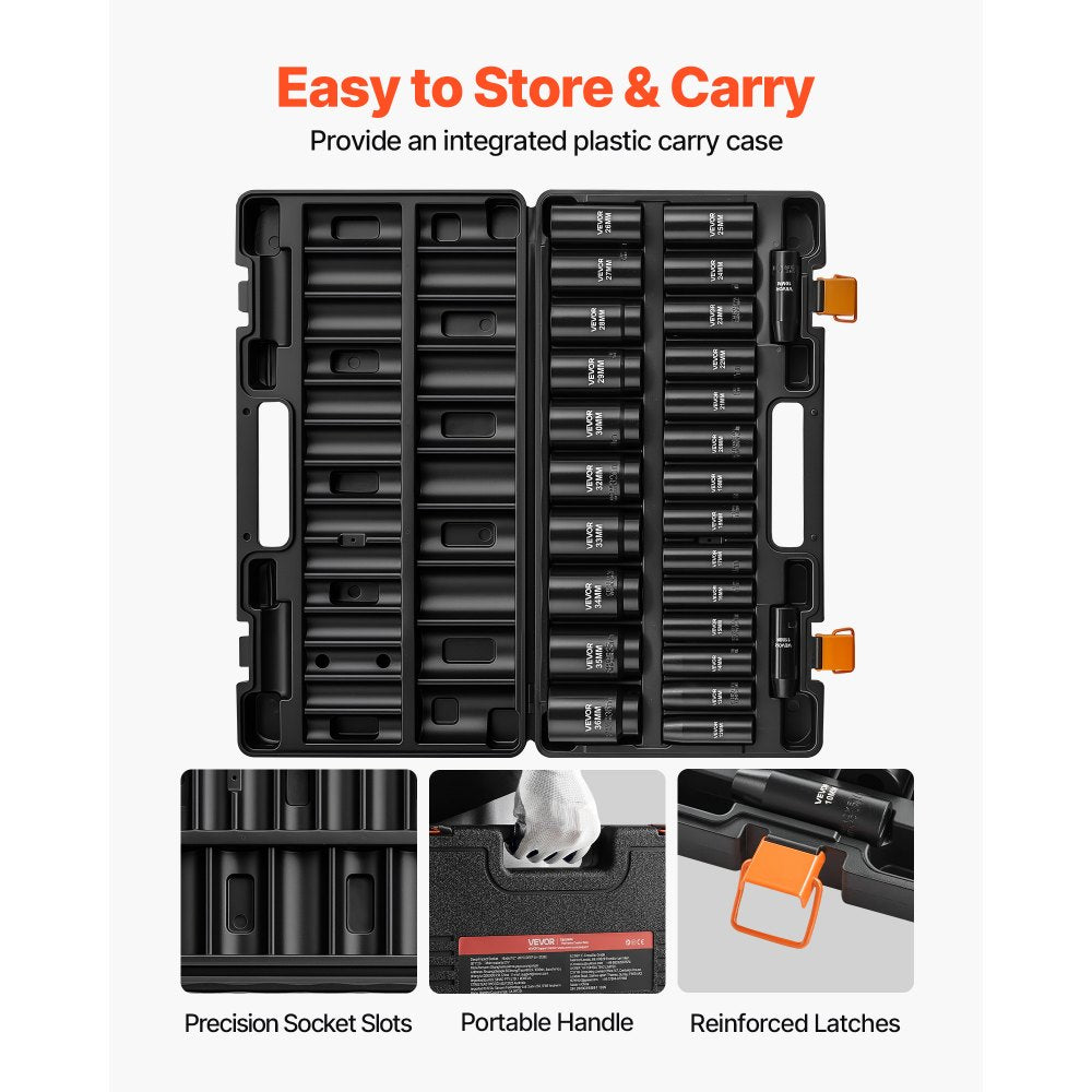 VEVOR Impact Socket Set, 1/2" Drive, 26-Piece Impact Sockets, 6-Point Sockets, Metric 10-30 mm, 32-36 mm, Easy to Identify, with a Sturdy Storage Case, Cr-V Alloy Steel Structure, for Vehicles Repair
