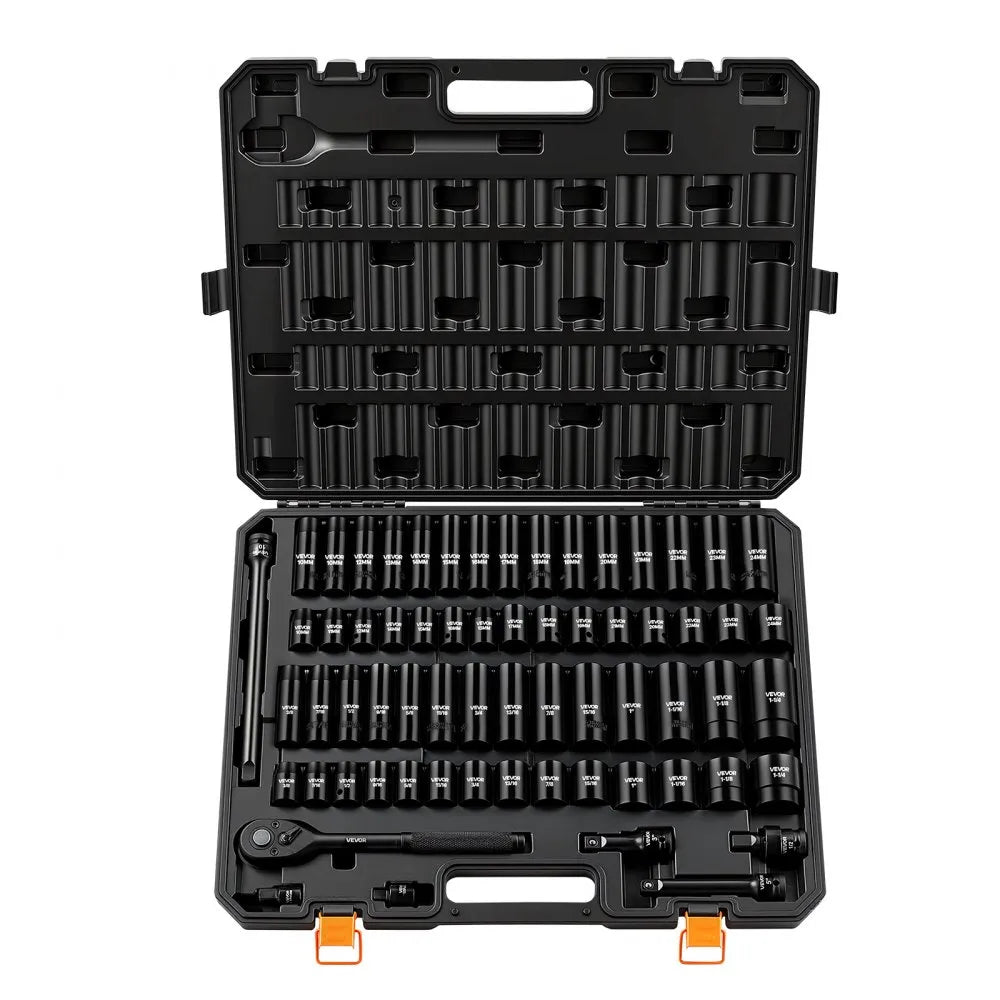 VEVOR Impact Socket Set, 1/2" Drive, 65-Piece Socket Set, 6 Point Sockets, SAE 3/8" to 1-1/4" and Metric 10-24 mm, Easy to Identify, with a Sturdy Storage Case, Cr-V Alloy Steel for Vehicles Repair
