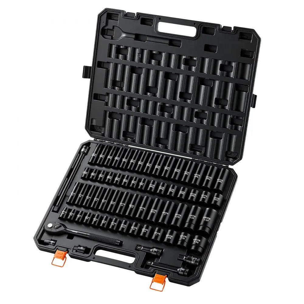 VEVOR Impact Socket Set, 1/2" Drive, 65-Piece Socket Set, 6 Point Sockets, SAE 3/8" to 1-1/4" and Metric 10-24 mm, Easy to Identify, with a Sturdy Storage Case, Cr-V Alloy Steel for Vehicles Repair
