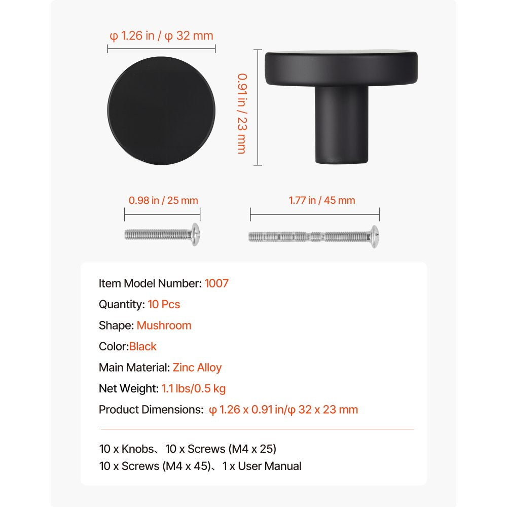 VEVOR Cabinet Knobs, 10 Pack, 1.26 Inch Black Zinc Alloy Drawer Pulls & Door Handles, Mushroom Kitchen Solid Knobs Dresser Handles, Cupboard Hardware with Screws for Bathroom Closet Cabinets Drawers