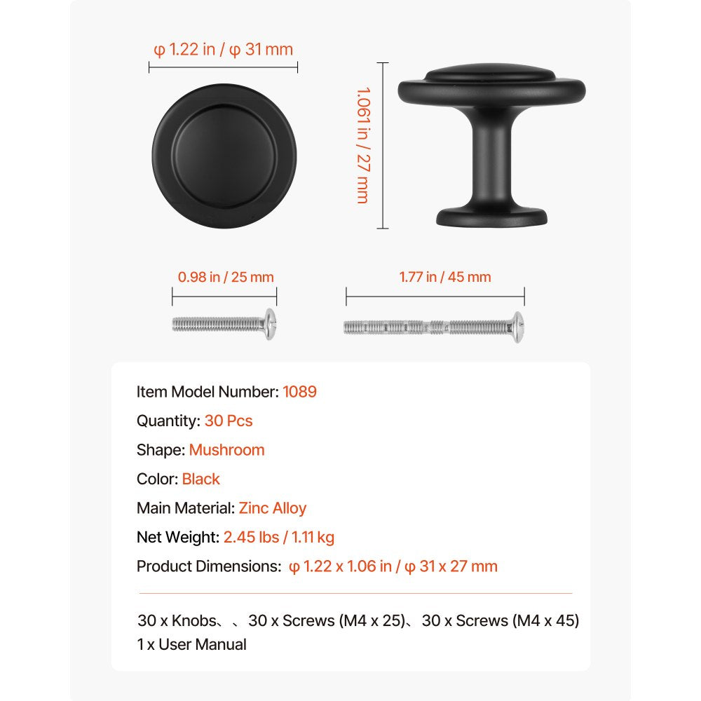VEVOR Cabinet Knobs, 30 Pack, 1.22 Inch Black Zinc Alloy Drawer Pulls & Door Handles, Mushroom Kitchen Solid Knobs Dresser Handles, Cupboard Hardware with Screws for Bathroom Closet Cabinets Drawers