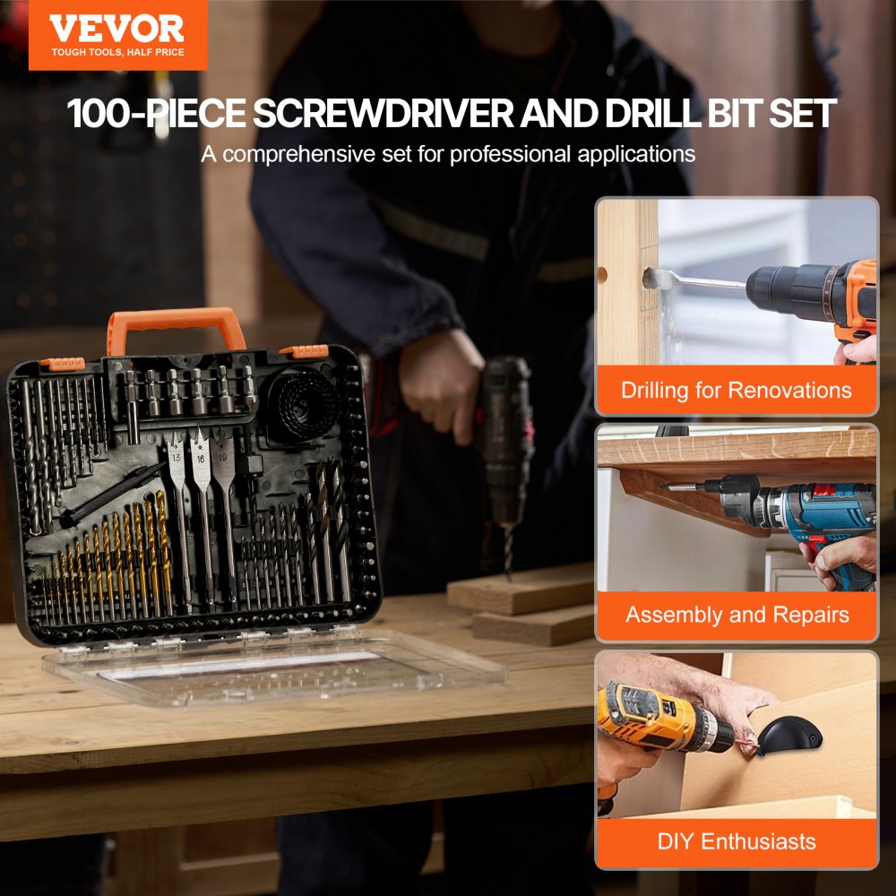 VEVOR Drill Bit Set, 100 Pieces Drill and Driver Bit Set, Screwdriver Bit Set Suitable for Wood Metal Cement Drilling and Screw Driving, Drill Bit Sets Combo Kit Assorted in Organized Carrying Case