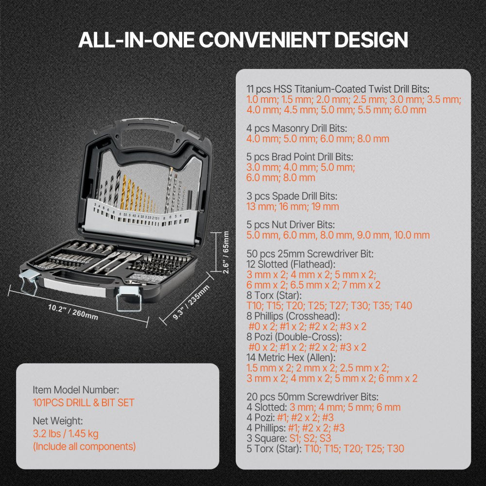 VEVOR Drill Bit Set, 101 Pieces Drill and Driver Bit Set, Screwdriver Bit Set Suitable for Wood Metal Cement Drilling and Screw Driving, Drill Bit Sets Combo Kit Assorted in Organized Carrying Case