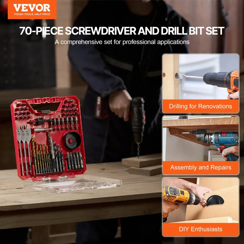 VEVOR Drill Bit Set, 70 Pieces Drill and Driver Bit Set, Screwdriver Bit Set Suitable for Wood Metal Cement Drilling and Screw Driving, Drill Bit Sets Combo Kit Assorted in Organized Carrying Case