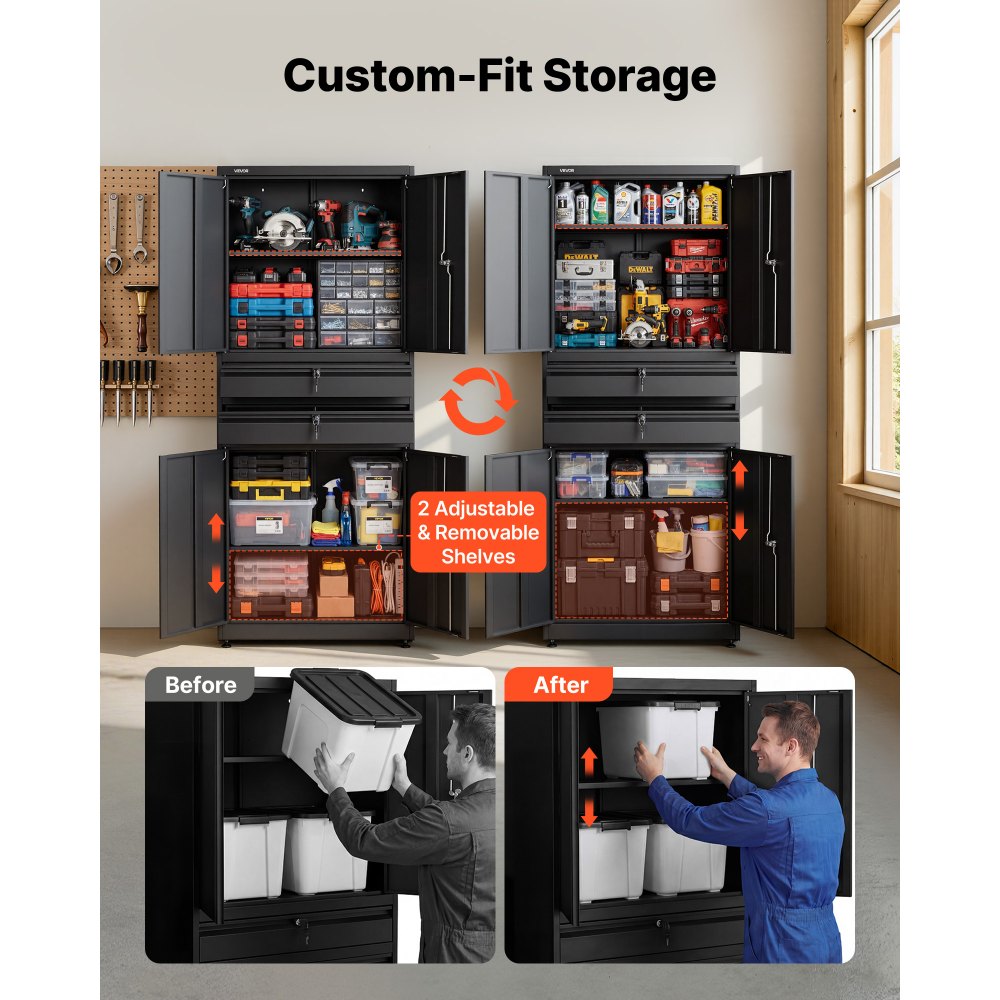 VEVOR Metal Storage Cabinet, 180 lbs Shelf Load Capacity, 70.87" Tall Garage Tool Storage Cabinet with 4 Locking Doors and Adjustable Shelves, 2 Drawers, for Garage, Home, Office, Utility Room, Black