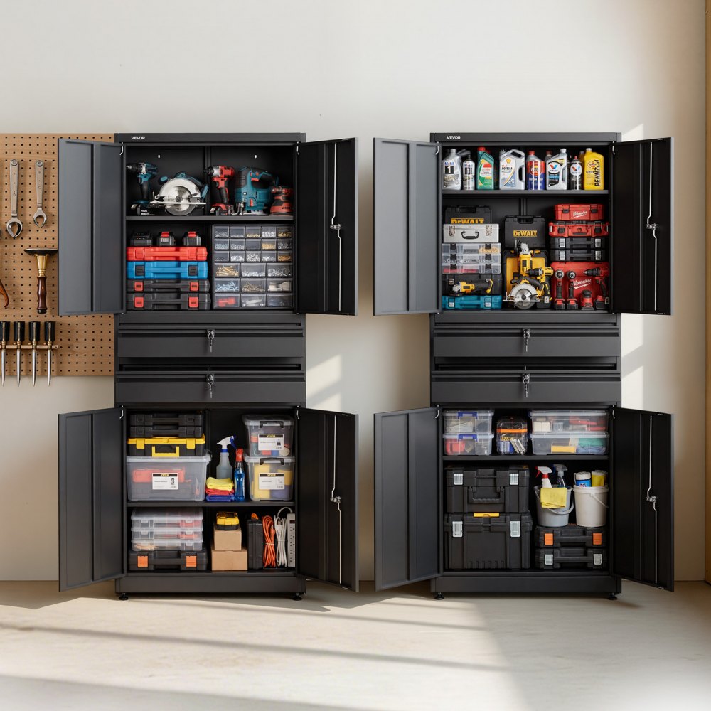 VEVOR Metal Storage Cabinet, 180 lbs Shelf Load Capacity, 70.87" Tall Garage Tool Storage Cabinet with 4 Locking Doors and Adjustable Shelves, 2 Drawers, for Garage, Home, Office, Utility Room, Black