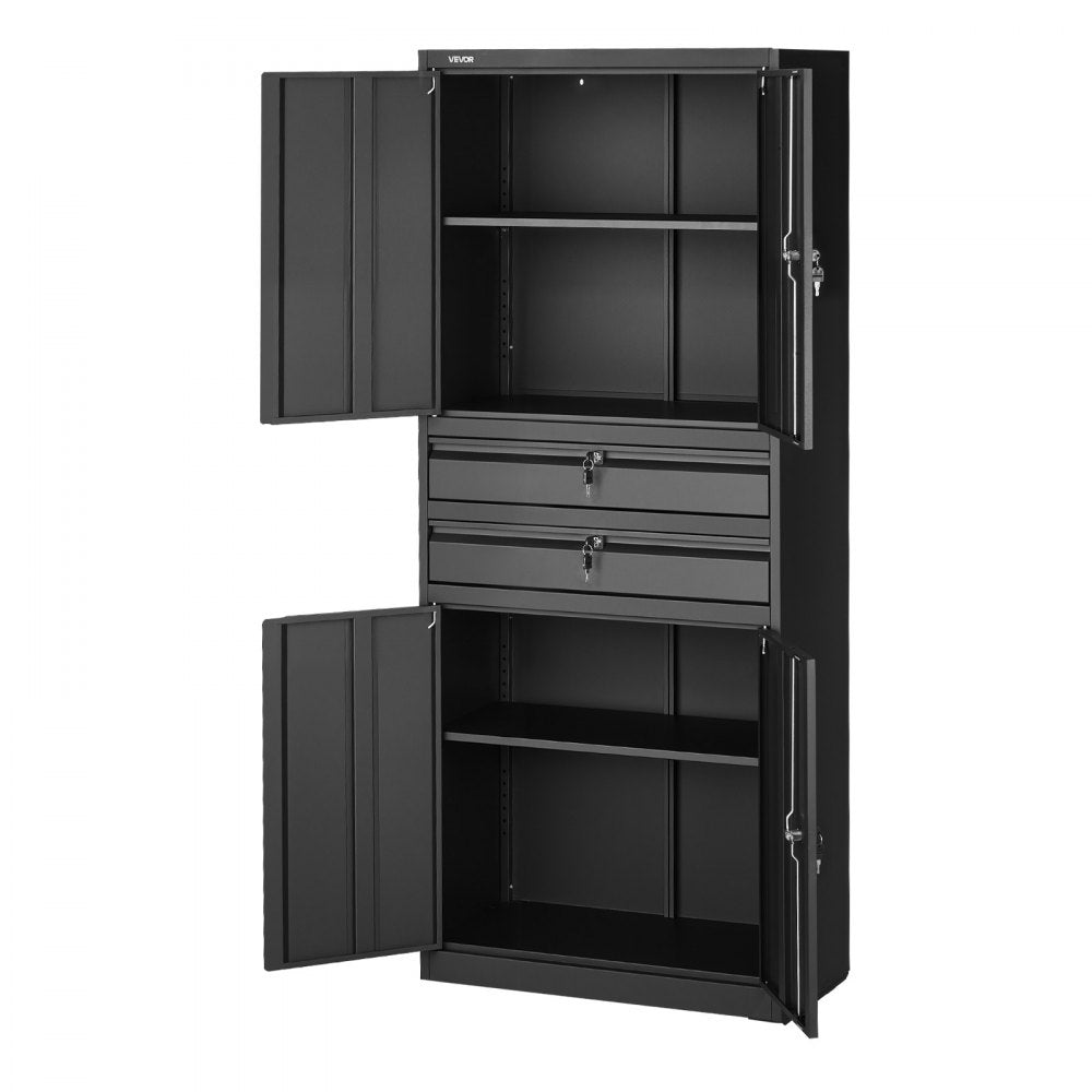 VEVOR Metal Storage Cabinet, 180 lbs Shelf Load Capacity, 70.87" Tall Garage Tool Storage Cabinet with 4 Locking Doors and Adjustable Shelves, 2 Drawers, for Garage, Home, Office, Utility Room, Black