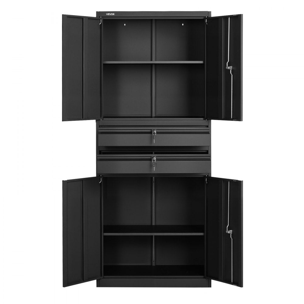 VEVOR Metal Storage Cabinet, 180 lbs Shelf Load Capacity, 70.87" Tall Garage Tool Storage Cabinet with 4 Locking Doors and Adjustable Shelves, 2 Drawers, for Garage, Home, Office, Utility Room, Black