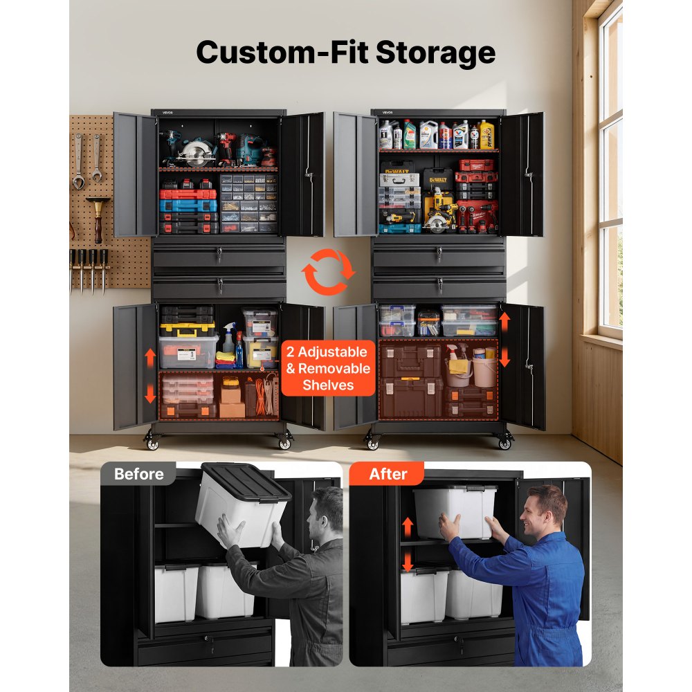 VEVOR Metal Storage Cabinet with Wheels, 180 lbs Shelf Load Capacity, 75" Tall Rolling Garage Tool Storage Cabinet with 4 Locking Doors and Adjustable Shelves, 2 Drawers, for Garage, Office, Home