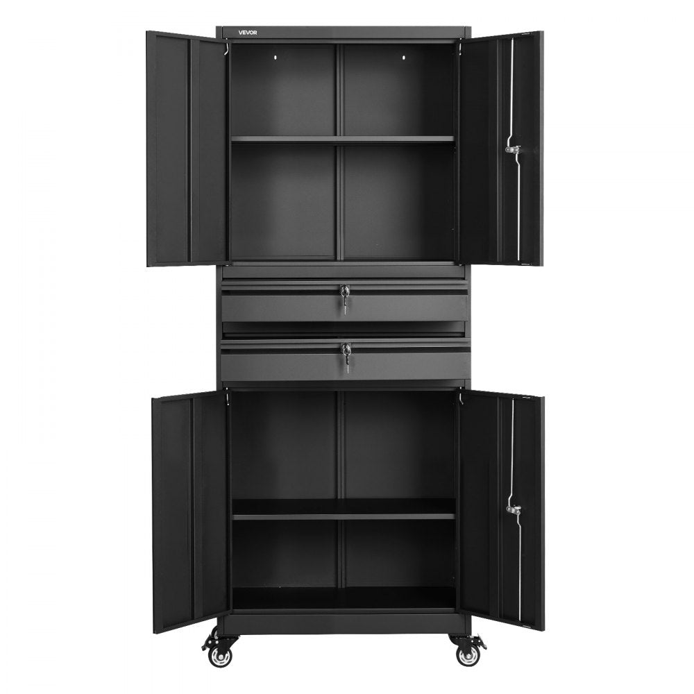 VEVOR Metal Storage Cabinet with Wheels, 180 lbs Shelf Load Capacity, 75" Tall Rolling Garage Tool Storage Cabinet with 4 Locking Doors and Adjustable Shelves, 2 Drawers, for Garage, Office, Home