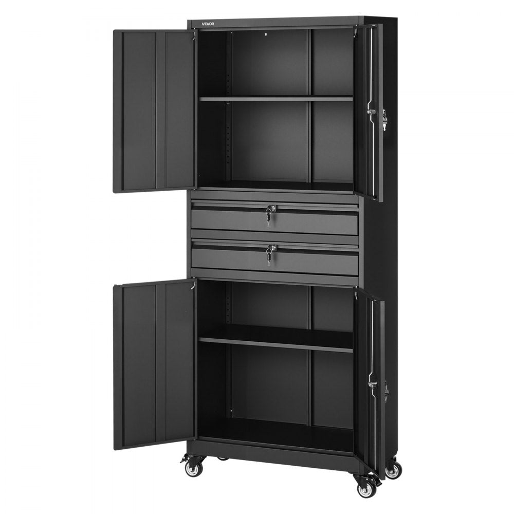 VEVOR Metal Storage Cabinet with Wheels, 180 lbs Shelf Load Capacity, 75" Tall Rolling Garage Tool Storage Cabinet with 4 Locking Doors and Adjustable Shelves, 2 Drawers, for Garage, Office, Home