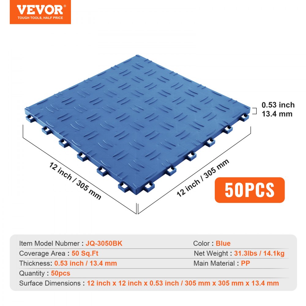 VEVOR Garage Tiles Interlocking, 12 x 12 x 0.53 inch 50 Pack Garage Floor Covering Tiles, Non-Slip Double-Sided Texture Garage Flooring Tiles, for Garages, Basements, Repair Shops, Blue