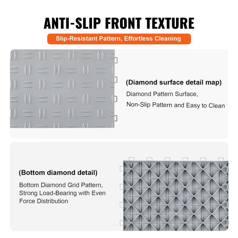 VEVOR Garage Tiles Interlocking, 12 x 12 x 0.53 inch 25 Pack Garage Floor Covering Tiles, Non-Slip Double-Sided Texture Garage Flooring Tiles, for Garages, Basements, Repair Shops, Silver