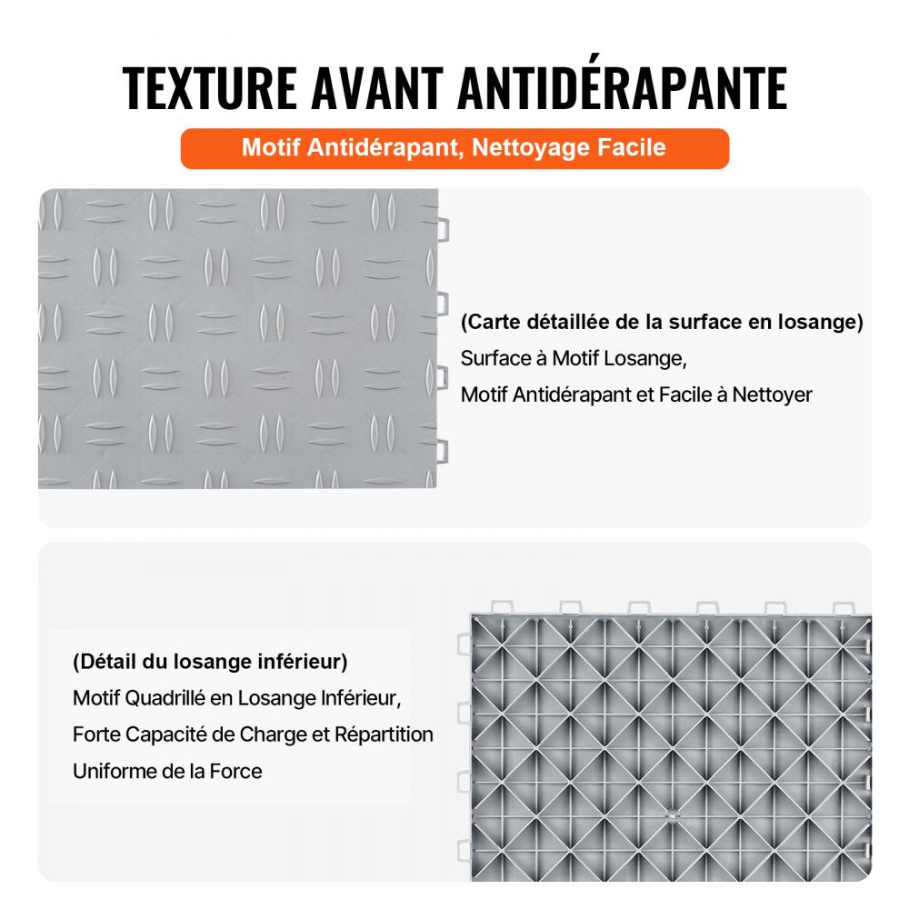 VEVOR Garage Tiles Interlocking, 12 x 12 x 0.53 inch 50 Pack Garage Floor Covering Tiles, Non-Slip Double-Sided Texture Garage Flooring Tiles, for Garages, Basements, Repair Shops, Silver