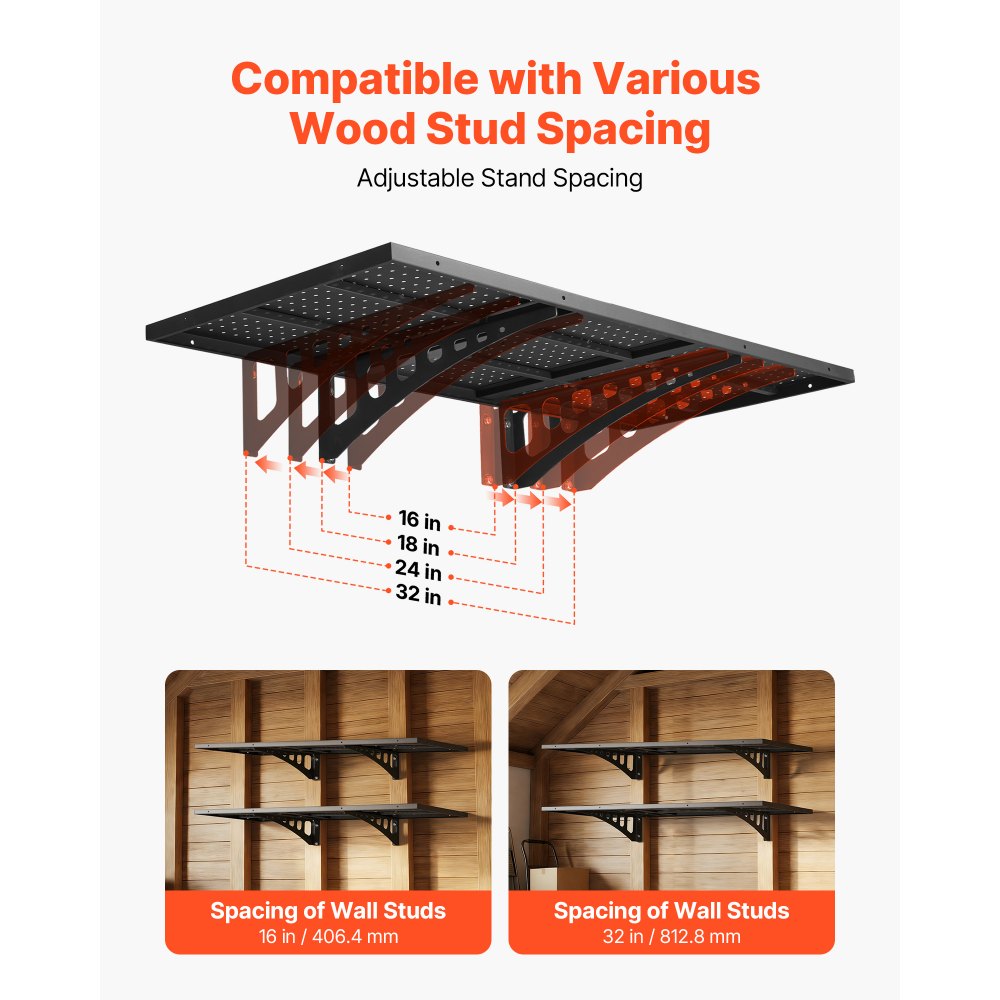 VEVOR 2-Tier Heavy Duty Wall Garage Shelving, 1.64 x 4 ft Steel Wall Mounted Shelving Unit, 19.68 x 48 Inch Per Shelf Floating Storage Metal Rack for Garage with 560 lbs Total Weight Capacity, Black