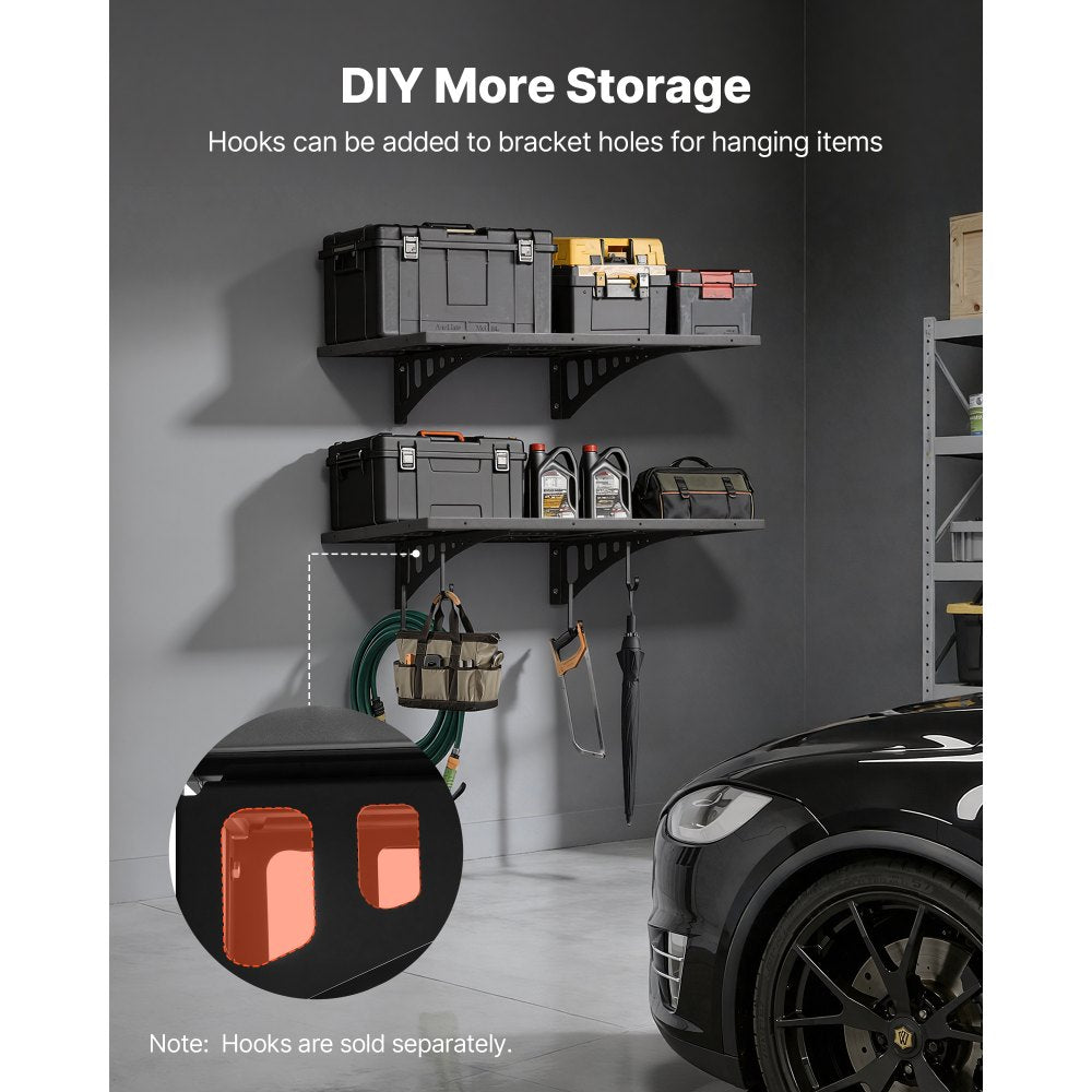 VEVOR 2-Tier Heavy Duty Wall Garage Shelving, 2 x 3 ft Steel Wall Mounted Shelving Unit, 12 x 72 Inch Per Shelf Floating Storage Metal Rack for Garage with 560 lbs Total Weight Capacity, Black