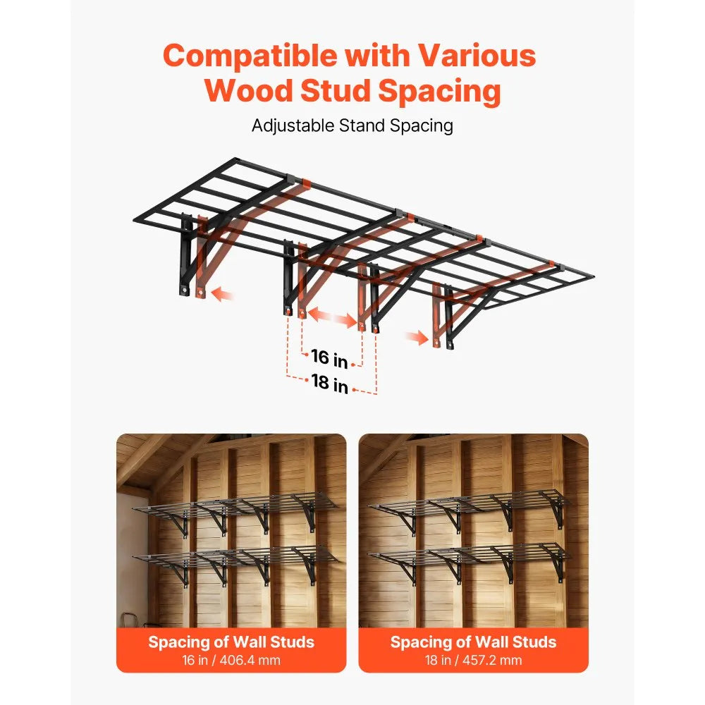 VEVOR 2-Tier Heavy Duty Wall Garage Shelving, 4 Pack 2 x 3 ft Steel Wall Mounted Shelving Unit, 24 x 72 Inch Per Shelf Floating Storage Metal Rack for Garage, 1600 lbs Total Weight Capacity, Black