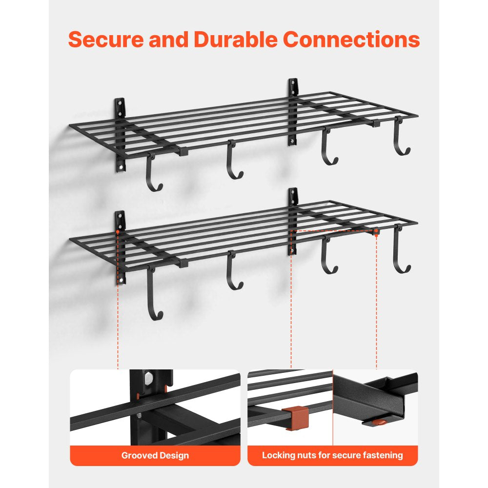 VEVOR 2-Tier Heavy Duty Wall Garage Shelving, 2 x 4 ft Steel Wall Mounted Shelving Unit with Hooks, 24 x 48 Inch Per Shelf Floating Storage Metal Rack for Garage, 520 lbs Total Weight Capacity, Black