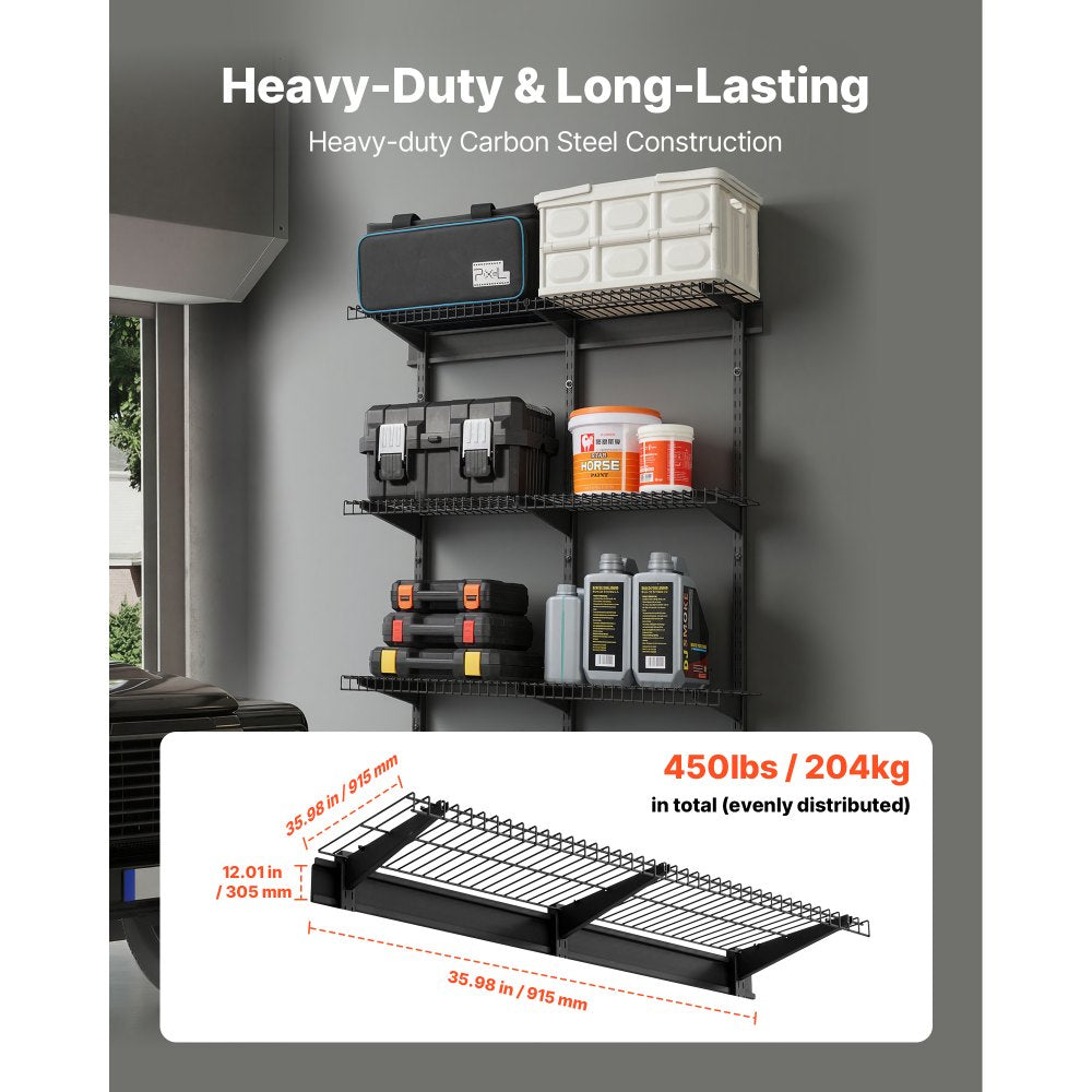 VEVOR 3-Tier Heavy Duty Wall Garage Shelving, 0.9 x 3 ft Steel Wall Mounted Shelving Unit, 11 x 36 Inch Per Shelf Floating Storage Metal Rack for Garage with 450 lbs Total Weight Capacity, Black