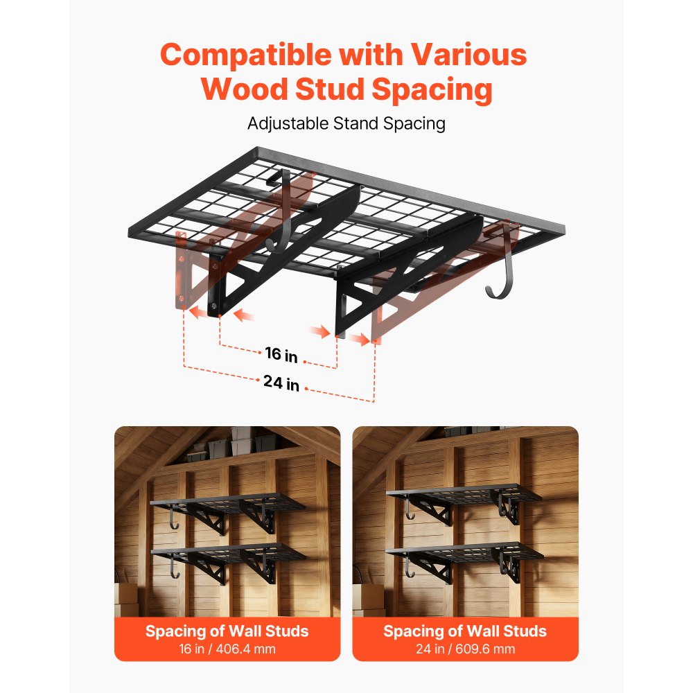 VEVOR 2-Tier Heavy Duty Wall Garage Shelving, 2 x 3 ft Steel Wall Mounted Shelving Unit with Hooks, 24 x 36 Inch Per Shelf Floating Storage Metal Rack for Garage, 500 lbs Total Weight Capacity, Black