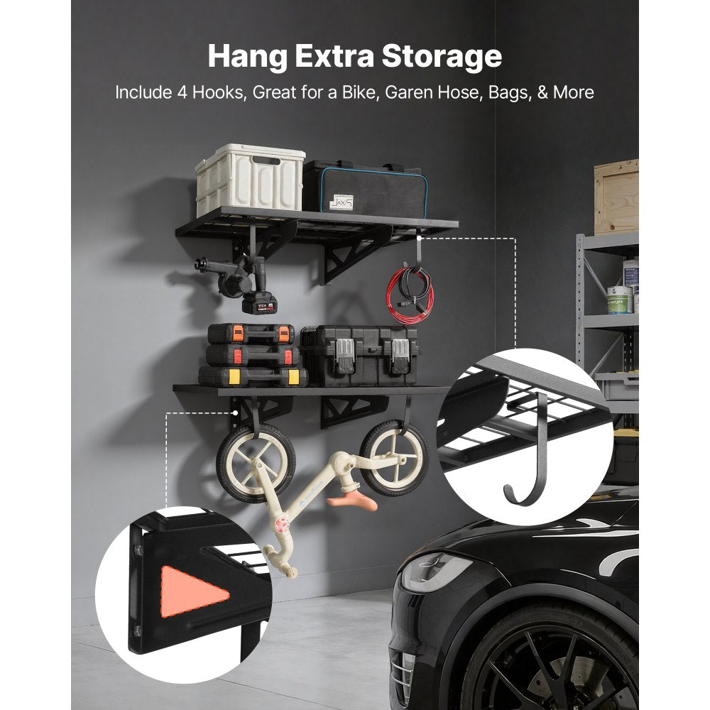 VEVOR 2-Tier Heavy Duty Wall Garage Shelving, 2 x 3 ft Steel Wall Mounted Shelving Unit with Hooks, 24 x 36 Inch Per Shelf Floating Storage Metal Rack for Garage, 500 lbs Total Weight Capacity, Black