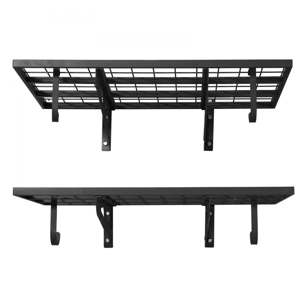 VEVOR 2-Tier Heavy Duty Wall Garage Shelving, 2 x 3 ft Steel Wall Mounted Shelving Unit with Hooks, 24 x 36 Inch Per Shelf Floating Storage Metal Rack for Garage, 500 lbs Total Weight Capacity, Black