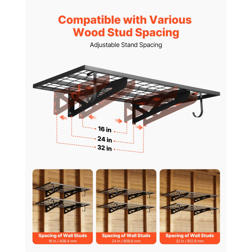 VEVOR 2-Tier Heavy Duty Wall Garage Shelving, 2 x 4 ft Steel Wall Mounted Shelving Unit with Hooks, 24 x 48 Inch Per Shelf Floating Storage Metal Rack for Garage, 500 lbs Total Weight Capacity, Black