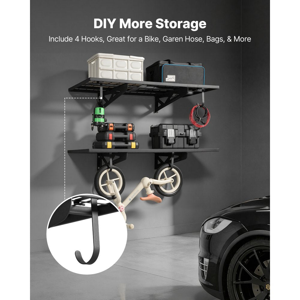 VEVOR 2-Tier Heavy Duty Wall Garage Shelving, 2 x 4 ft Steel Wall Mounted Shelving Unit with Hooks, 24 x 48 Inch Per Shelf Floating Storage Metal Rack for Garage, 500 lbs Total Weight Capacity, Black
