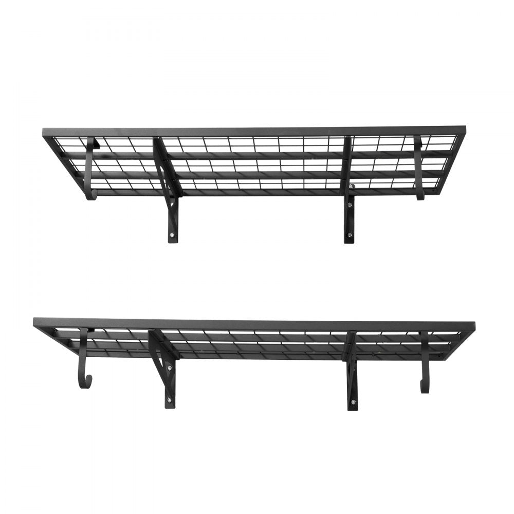 VEVOR 2-Tier Heavy Duty Wall Garage Shelving, 2 x 4 ft Steel Wall Mounted Shelving Unit with Hooks, 24 x 48 Inch Per Shelf Floating Storage Metal Rack for Garage, 500 lbs Total Weight Capacity, Black