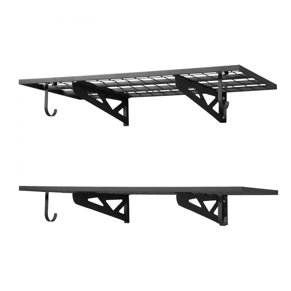 VEVOR 2-Tier Heavy Duty Wall Garage Shelving, 2 x 4 ft Steel Wall Mounted Shelving Unit with Hooks, 24 x 48 Inch Per Shelf Floating Storage Metal Rack for Garage, 500 lbs Total Weight Capacity, Black