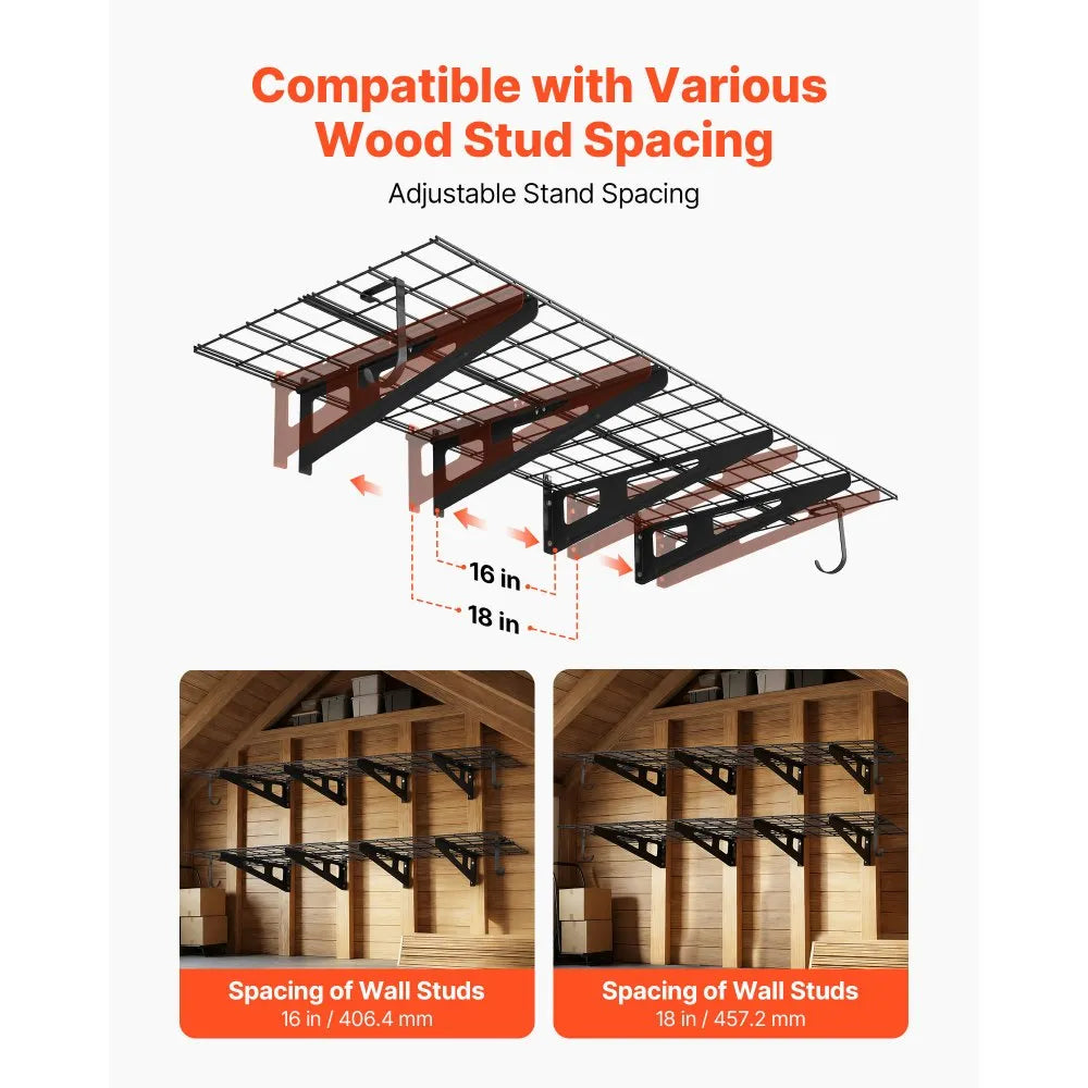 VEVOR 2-Tier Heavy Duty Wall Garage Shelving, 8 Pack 1 x 3 ft Steel Wall Mounted Shelving Unit with Hooks, 24 x 72 Inch Per Shelf Floating Storage Metal Rack, 1000 lbs Total Weight Capacity, Black