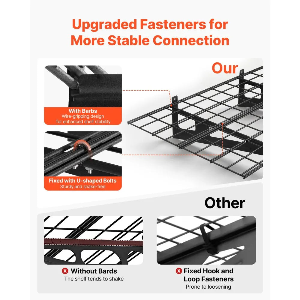VEVOR 2-Tier Heavy Duty Wall Garage Shelving, 8 Pack 1 x 3 ft Steel Wall Mounted Shelving Unit with Hooks, 24 x 72 Inch Per Shelf Floating Storage Metal Rack, 1000 lbs Total Weight Capacity, Black