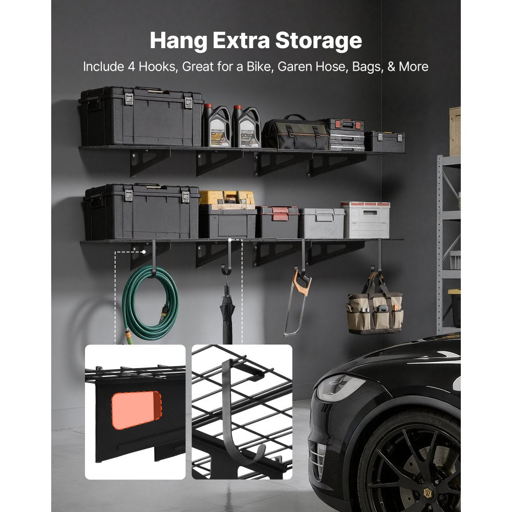 VEVOR 2-Tier Heavy Duty Wall Garage Shelving, 8 Pack 1 x 3 ft Steel Wall Mounted Shelving Unit with Hooks, 24 x 72 Inch Per Shelf Floating Storage Metal Rack, 1000 lbs Total Weight Capacity, Black