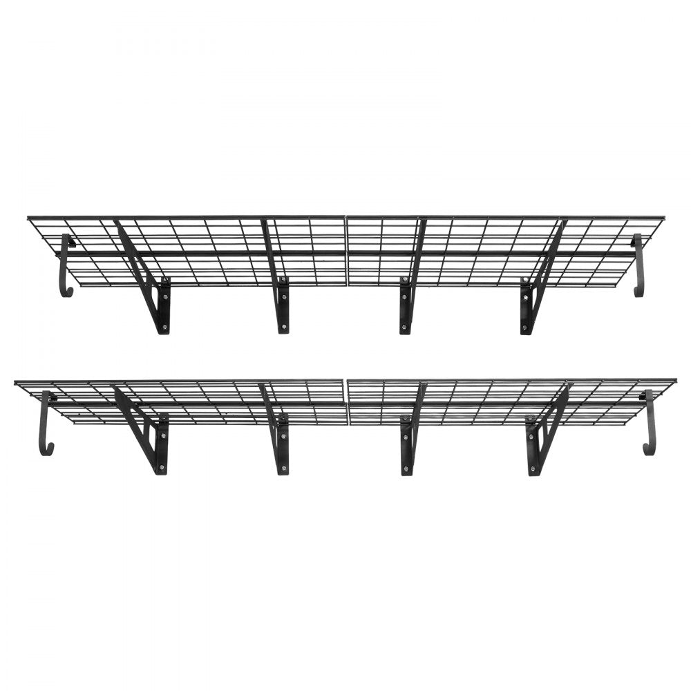 VEVOR 2-Tier Heavy Duty Wall Garage Shelving, 8 Pack 1 x 3 ft Steel Wall Mounted Shelving Unit with Hooks, 24 x 72 Inch Per Shelf Floating Storage Metal Rack, 1000 lbs Total Weight Capacity, Black