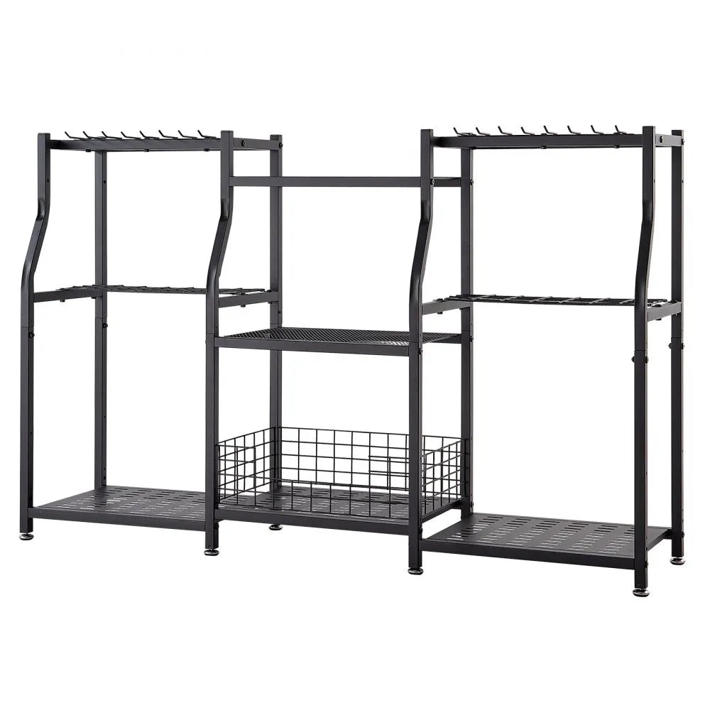 VEVOR Garden Tool Organizer, 3-Tier High-Capacity Metal Garage Storage Rack, for Rakes/Shovels/Brooms, Yard Utility Tool Holder for Shed/Outdoor/Lawn Organization, Heavy-Duty Steel, with Hooks, Black