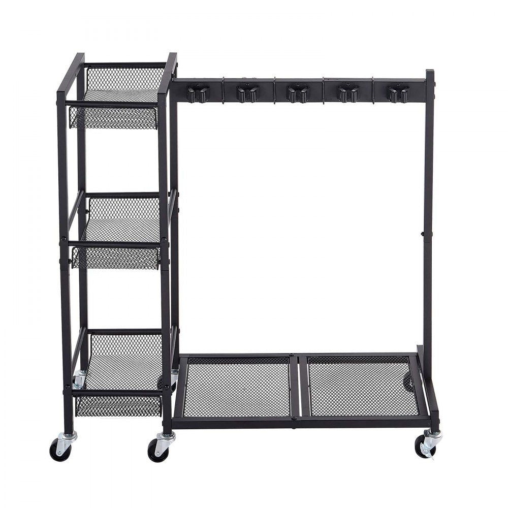 VEVOR Broom Holder with Cleaning Supplies Organizer, Garage Storage Metal, Cleaning Cart with Mop Hanger, for Home Brooms, Detergent, Brushes, Heavy-Duty Steel Utility Tool Holder, with Wheels, Black