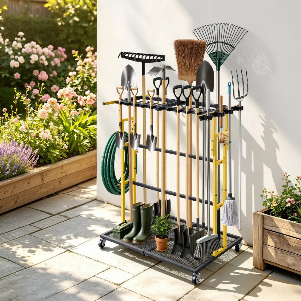 VEVOR Garden Tool Organizer with Wheels, Large Metal Garage Storage Rack, for Rakes/Shovels/Brooms/Long Farming Tools, Yard Utility Holder for Shed/Outdoor/Lawn Organization, Heavy-Duty Steel, Black