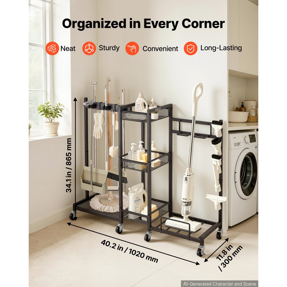 VEVOR Broom Holder with Cleaning Supplies Organizer, Metal Garage Storage, Cleaning Cart with Mop Hanger, for Home Broom, Detergent, Vacuum Cleaner, Heavy-Duty Steel Utility Holder, with Wheels, Black