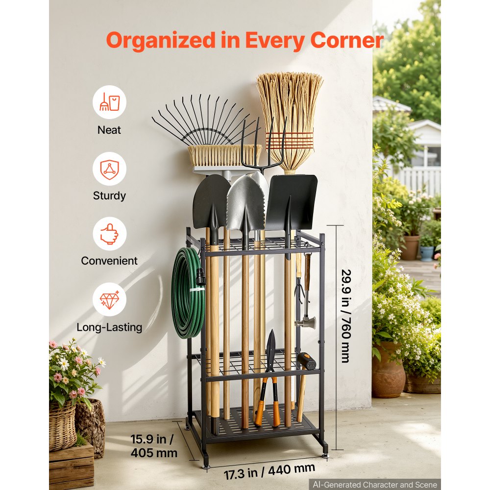 VEVOR Garden Tool Organizer, 35 Slots with Hooks, Metal Garage Storage Rack, for Rakes/Shovels/Brooms, Yard Utility Tool Holder for Shed/Outdoor/Lawn Organization, Heavy-Duty Steel, Freestanding,Black